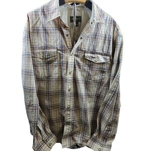Eddie‎ Bauer Mens XL Plaid Snap Front Long Sleeve Cotton Shirt Tan Brown Blue
